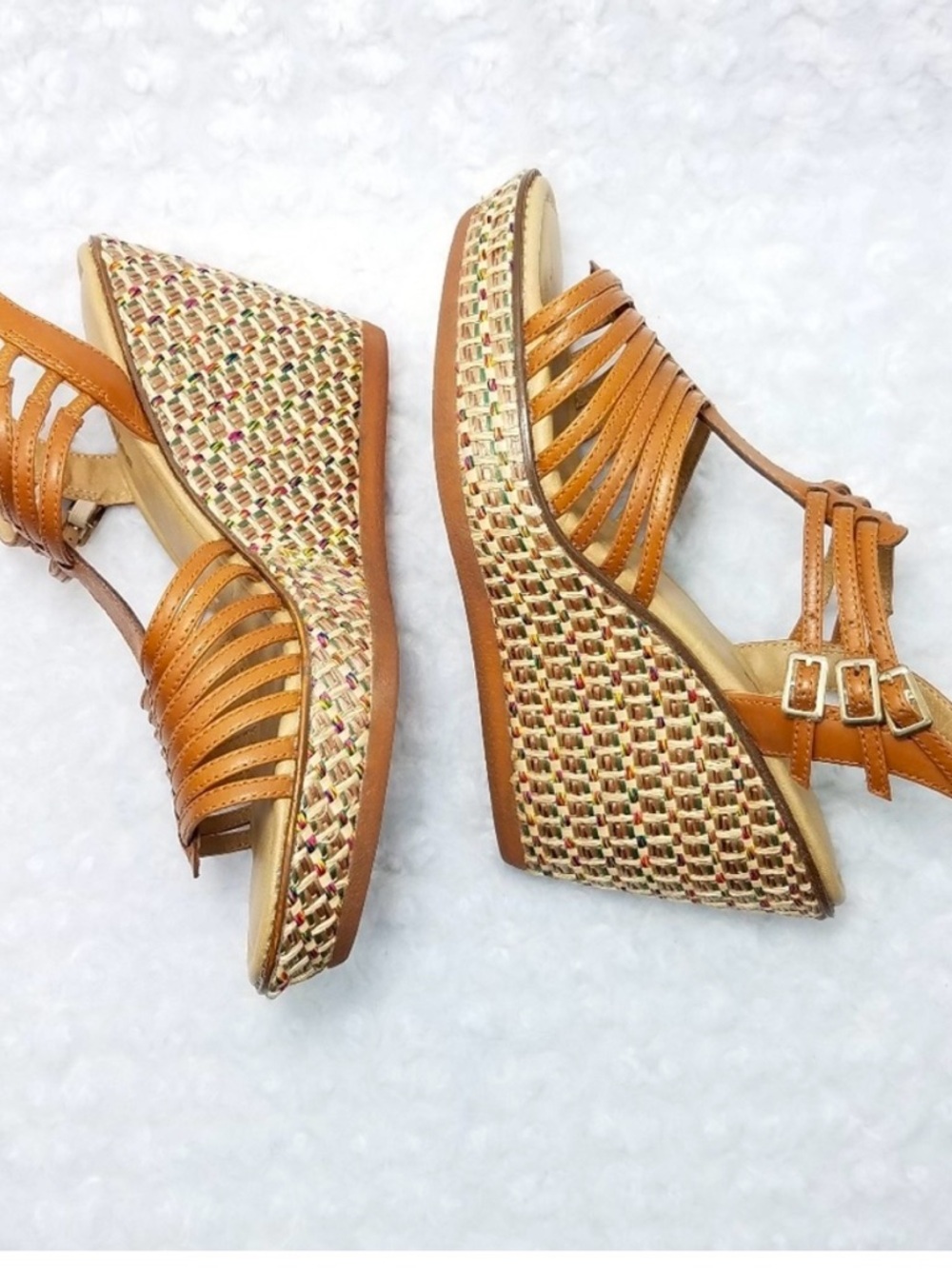 Hush Puppies Baminda Wedge‎ Sandals Women’s Sz 7.5 Tan Strappy Beachy Buckles
